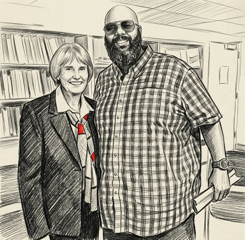 Jason McBride with library colleague